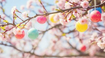 ai generado un maravilloso foto de un floreciente Cereza florecer árbol con vistoso Pascua de Resurrección huevos colgando desde sus ramas