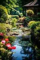 ai generado un tranquilo jardín con un pequeño estanque, vistoso flores, y un claro azul cielo en el antecedentes foto