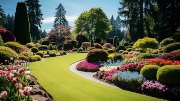 ai generado un tranquilo jardín con un pequeño estanque, vistoso flores, y un claro azul cielo en el antecedentes foto