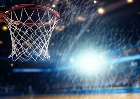 AI generated basketball dunk from basket net on basketball field photo