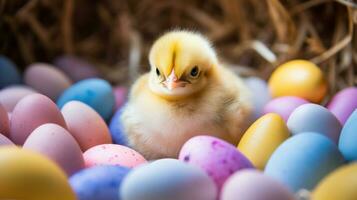 ai generado un bebé polluelo sentado en un nido rodeado por vistoso Pascua de Resurrección huevos. foto