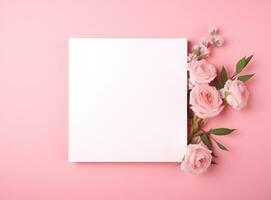 AI generated frame with pink flowers and blank sheet on a pink background photo