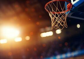 AI generated basketball dunk from basket net on basketball field photo