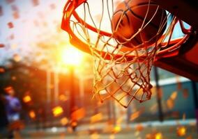 AI generated basketball dunk from basket net on basketball field photo