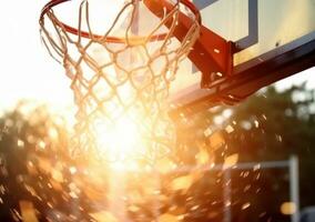 AI generated basketball dunk from basket net on basketball field photo