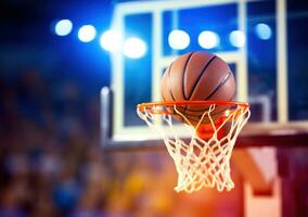 ai generado baloncesto remojar desde cesta red en baloncesto campo foto