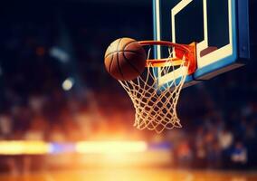 ai generado baloncesto remojar desde cesta red en baloncesto campo foto