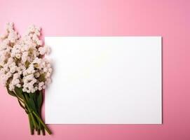 ai generado blanco blanco papel cuadrado y rosado flores foto