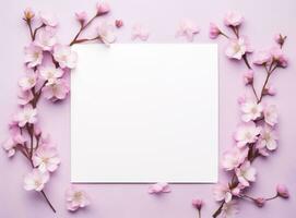 AI generated white blank paper square and pink flowers photo