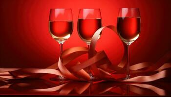 AI generated heart shape wine glasses and roses, over a red background with red velvet photo