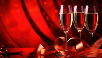 AI generated heart shape wine glasses and roses, over a red background with red velvet photo