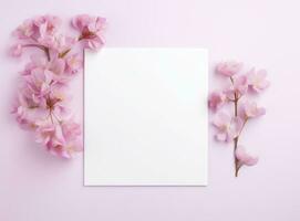 AI generated white blank paper square and pink flowers photo