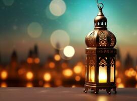 AI generated ramadan lantern background with moon a lantern and crescent moon photo