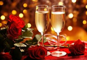 AI generated heart shape wine glasses and roses, over a red background with red velvet photo