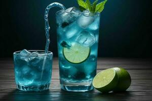 AI generated Blue Lagoon mojito with ice cubes. Pro Photo