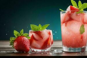 AI generated Fresh strawberry mojito with ice cubes. Pro Photo