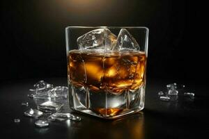 AI generated whiskey splash with ice cubes. Pro Photo