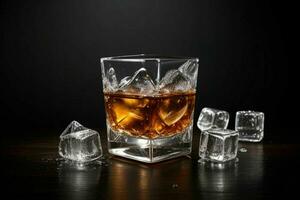 AI generated whiskey splash with ice cubes. Pro Photo