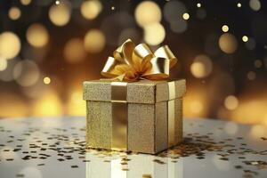 AI generated Gold Glitter Gift Box With Ribbon photo