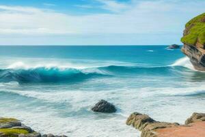 ai generado mar olas golpear rocas en un hermosa playa. Pro foto