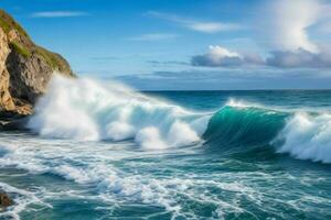 ai generado mar olas golpear rocas en un hermosa playa. Pro foto