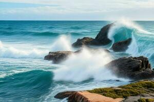 ai generado mar olas golpear rocas en un hermosa playa. Pro foto