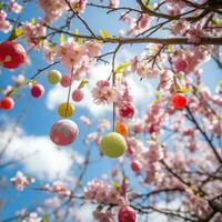 ai generado un maravilloso foto de un floreciente Cereza florecer árbol con vistoso Pascua de Resurrección huevos colgando desde sus ramas