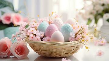 ai generado un festivo Pascua de Resurrección antecedentes con pastel de colores huevos y flores arreglado en un cesta foto