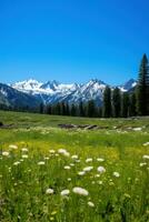 ai generado un tranquilo prado lleno con flores silvestres, un claro azul cielo, y un distante montaña rango foto