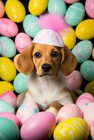 AI generated A cute photo of a puppy wearing bunny ears and surrounded by Easter eggs