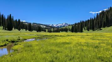 AI generated A quiet meadow filled with wildflowers, a clear blue sky, and a distant mountain range photo