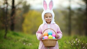 ai generado niño vestido en un Pascua de Resurrección conejito disfraz participación un cesta de huevos foto