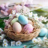 ai generado un festivo Pascua de Resurrección antecedentes con pastel de colores huevos y flores arreglado en un cesta foto