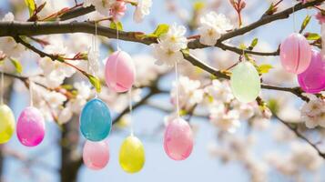 ai generado un maravilloso foto de un floreciente Cereza florecer árbol con vistoso Pascua de Resurrección huevos colgando desde sus ramas