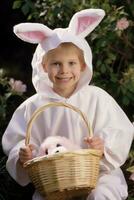 AI generated child dressed in an Easter bunny costume holding a basket of eggs photo