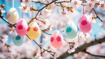 AI generated A stunning photo of a blooming cherry blossom tree with colorful Easter eggs hanging from its branches