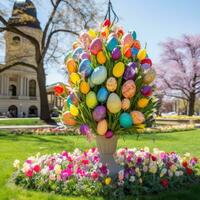 AI generated A picturesque outdoor scene featuring a decorated Easter egg tree and colorful tulips in bloom photo