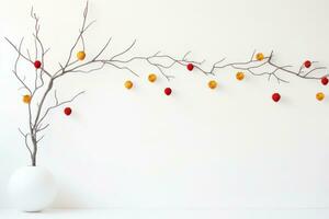 AI generated white wall with red ball hanging on branches and white background photo