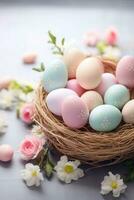 ai generado un festivo Pascua de Resurrección antecedentes con pastel de colores huevos y flores arreglado en un cesta foto