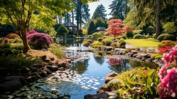 AI generated A tranquil garden with a small pond, colorful flowers, and a clear blue sky in the background photo