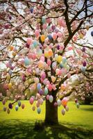 ai generado un maravilloso foto de un floreciente Cereza florecer árbol con vistoso Pascua de Resurrección huevos colgando desde sus ramas