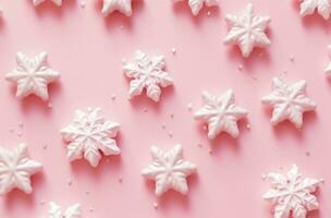 AI generated white christmas decorations on pink background with white snowflakes, photo