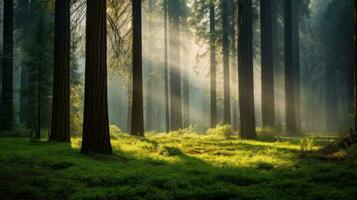 AI generated A tranquil forest with tall trees, dappled sunlight, and a misty morning fog photo