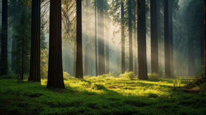 AI generated A tranquil forest with tall trees, dappled