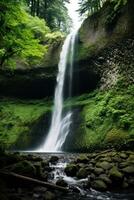 AI generated A soothing waterfall cascading down a rocky cliff with a lush forest in the background photo