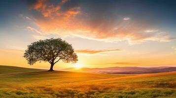 AI generated A peaceful countryside with a golden sunset, a lone tree photo