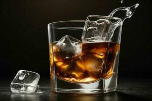 AI generated whiskey splash with ice cubes. Pro Photo