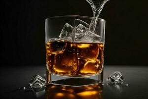 AI generated whiskey splash with ice cubes. Pro Photo