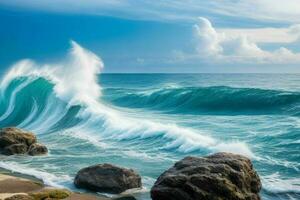 AI generated Sea waves hitting rocks on a beautiful beach. Pro Photo