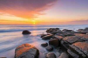 AI generated beautiful rocks on the beach at sunset. Pro Photo